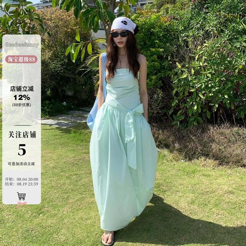Geegeefunny Green Dress Women's Strapless Mid-Length Summer New Holiday Style High-Waisted Off-Shoulder Long Dress Geegeefunny Green Dress Women's Strapless Mid-Length Summer New Holiday Style High-Waisted Off-Shoulder Long Dress