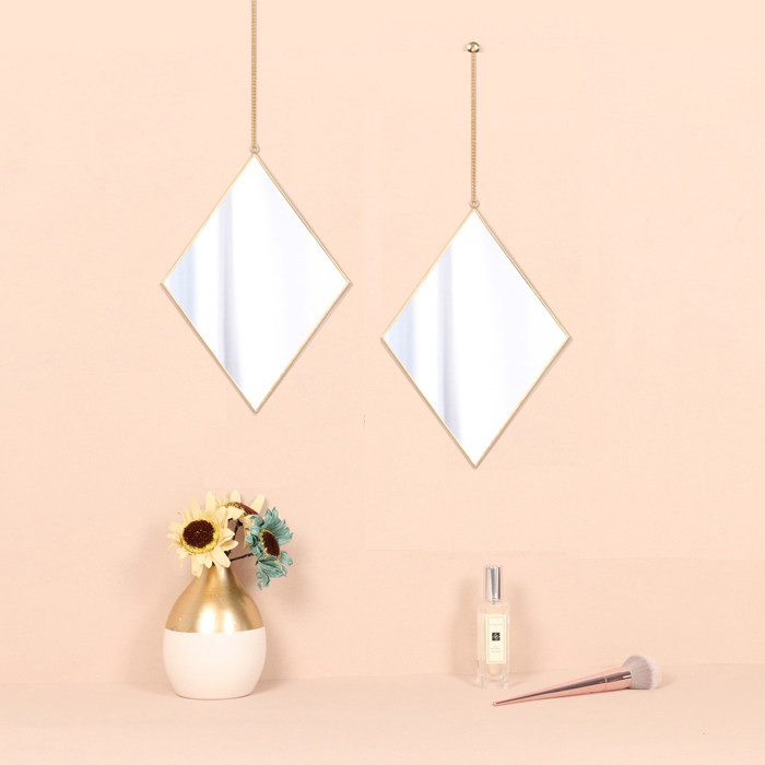 Nordic Bathroom Mirror Makeup Room Mirror Wall-mounted Makeup Golden Hexagon Rhomboid Bronze Frame Wrapping and Decorative Creative Hanging Mirror