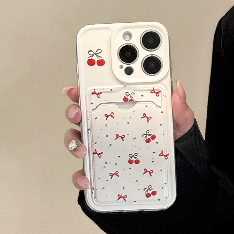 ins Sweet Girly Heart Cherry Bow Suitable for Apple 16 New Iphone16Promax Mobile Phone Case 11 Transparent Card Holder Soft Shell 13Pro All-Inclusive Anti-Fall 15Promax Protective Case 11