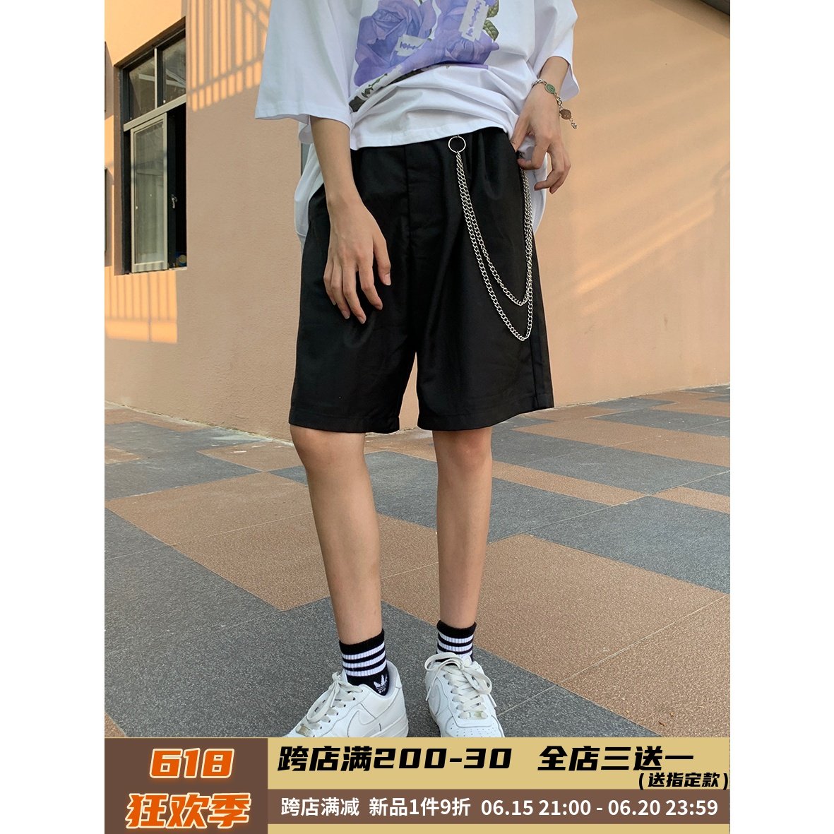 Legal alien American simple chain trousers men's and women's summer shorts loose five-point pants all-match high street straight