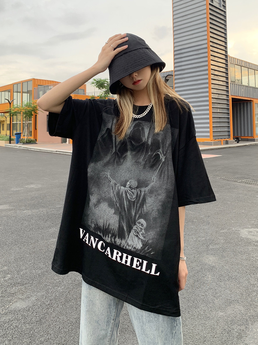 Legal alien European and American high street mourning short-sleeved T-shirt men and women summer ins tide brand loose oversize cotton