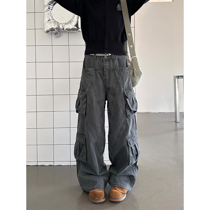 Urkr New Multi-Pocket Washed Gray Cargo Pants Women's Straight-Leg Pants American Retro Hot Girl Casual Pants Wide-Leg