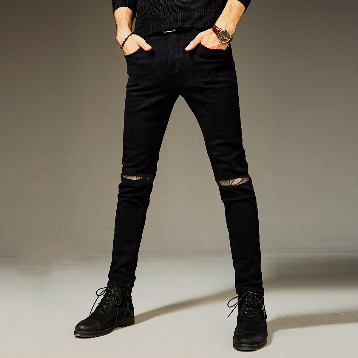 Summer one-word ripped jeans men's Korean version of slim skinny nine-point pants pure black tide brand thin long pants men