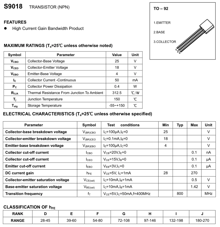 Transistor S9018 9018 0.5A/30V cắm trực tiếp TO92 NPN Transistor công suất thấp (50 cái)