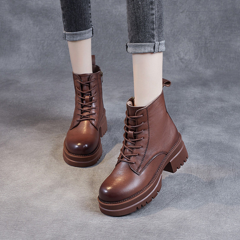 Leather Martin boots women's 2021 new winter plus velvet warm thick-heeled thick-soled ankle boots high-heeled retro spring and autumn single boots