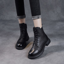 Real Leather Cool Boots Woman 2022 Summer new headlayer Bull Leather Fashion 100 Hitch Hollowed-out Short Boots Retro Inglén Wind Women Boots