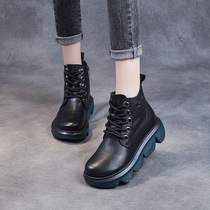 Genuine leather thick bottom Martin boots woman 2021 autumn winter new retro pine pastry bottom short boots Inn wind heightening round head single boot