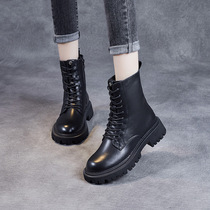 Genuine leather midbarrel Martin boots women 2021 autumn and winter new fashion lacing slim boots 100 hitch bottom retro short boot tide