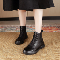 Genuine Leather Thick Bottom Short Boots Woman Single Boots Autumn Winter New Flat Bottom Women Boots Subhead Layer Cow Leather Martin Boots Glint Cotton Shoes