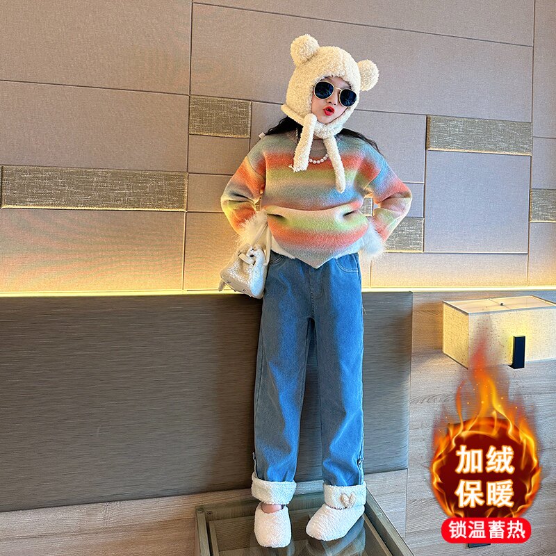 Girl Gush Jeans Winter 2023 New Children Integrated Suede Pants Woman Big Boy Straight Drum Wide Leg Pants Autumn Winter-Taobao