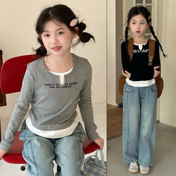 Girls' Fake Two-Piece Tops, Autumn 2025 New Style, Big Girl Slim-Fit T-Shirt, Autumn Children's Long-Sleeve Base Shirt