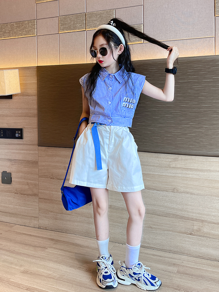 <!--女童夏季套装2024新款儿童女孩网红洋气夏装女大童夏款短裤两件套-->