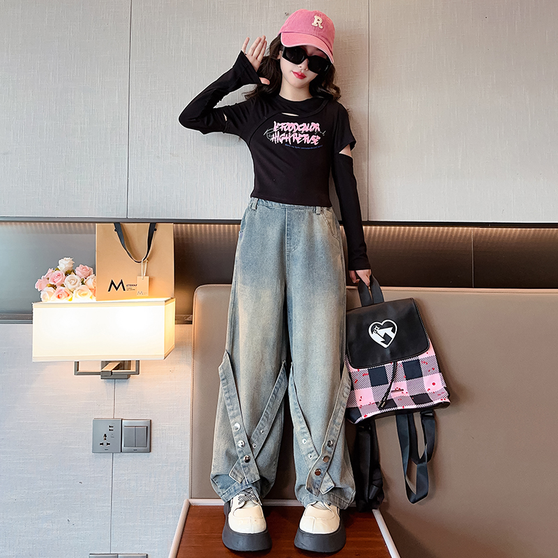 Girl Black Hooded Undershirt Autumn Dress 2023 New Female Great Boy Tide Cool Round Collar Blouse Early Autumn Children Long Sleeve T-shirt-Taobao