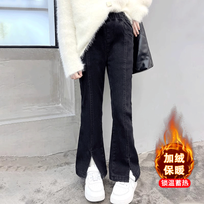 Girl Jeans Autumn Winter 2023 New Children Winter Style Black Plus Suede Pants Girl Big Boy Winter Horn Pants-Taobao