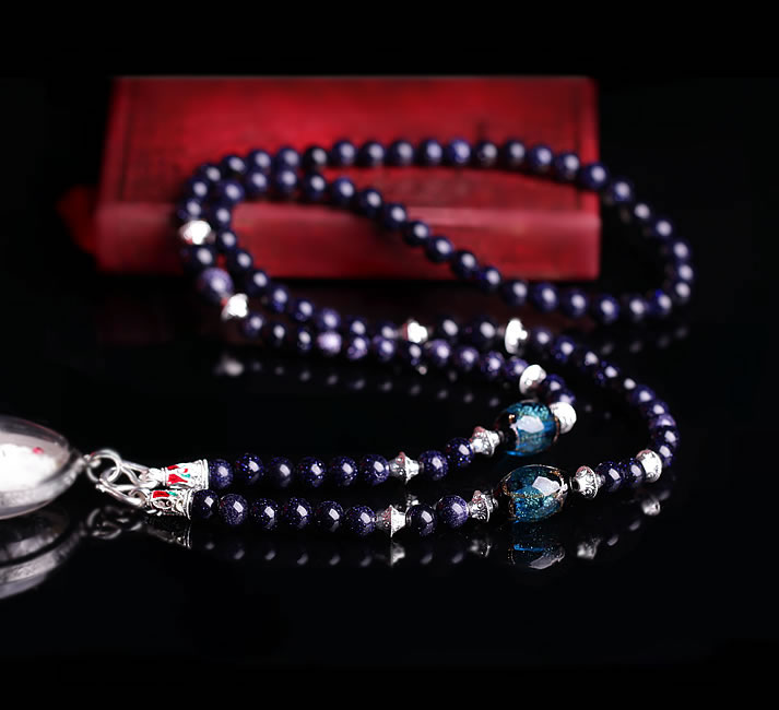 Thai Buddha medal chain Brazil 6mm blue sand crystal glazed beads gold in silver and silver with Buddha board hanging chain