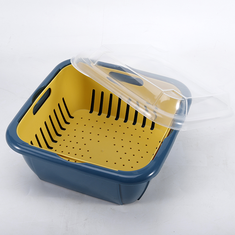 Household Kitchen Double Drain Basket Fruit Plate Frame Vegetable Pot with Cover Fresh-keeping Plastic Storage Box