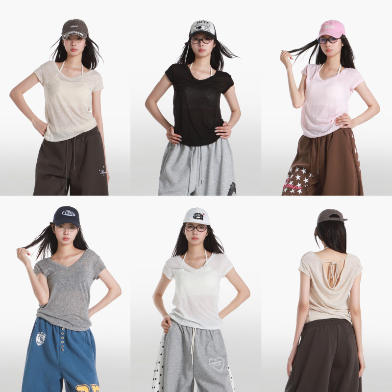 Pookie Jazz Dance Short Blouse for Women, Lazy Style V Neck Short-Sleeved T-Shirt, Summer Thin Backless Lace-Up Top