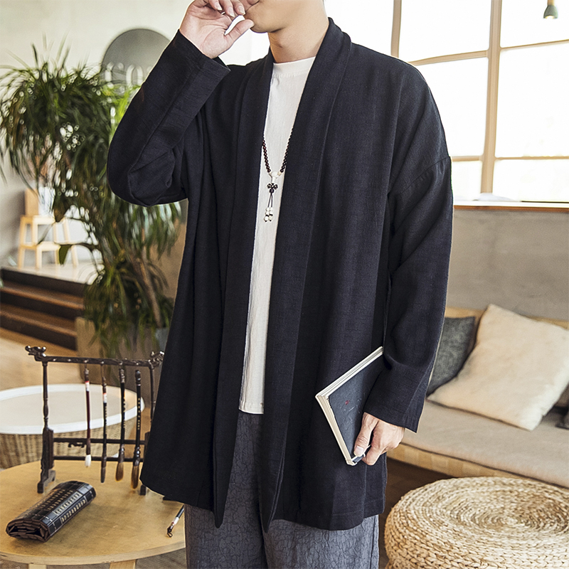 gió cổ lỏng áo khoác thủy triều quốc gia Trung Quốc Han quần áo của nam giới cardigan váy Zen váy Phật Robe nam áo gió Tang váy