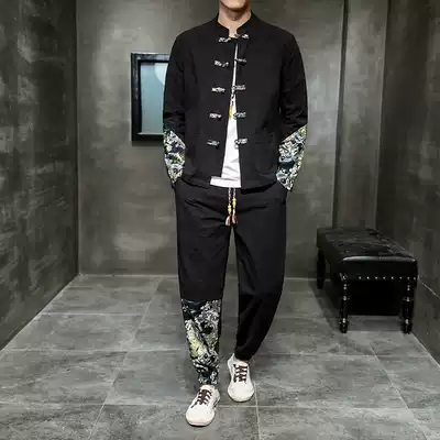 Tang suit men's suit retro buckle trend loose large size National Tide men's Chinese style Zhongshan suit two-piece Hanfu