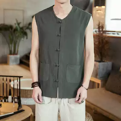 Chinese style Tang suit men's vest vest Chinese stand-up collar jacket buckle Kung fu shirt Retro sleeveless T-shirt summer