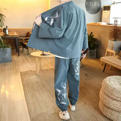 Hanfu men's suit loose large size ancient costume Zen clothing Chinese style crane embroidery jacket Buddha system Men's Tang suit robe