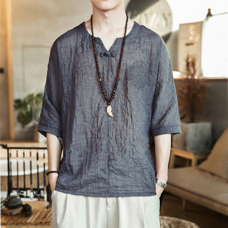 Summer Down with short sleeves Male slim fit loose with large size China Wind disc buckle men's mantra mantra The ancient wind Han serve the youth trend