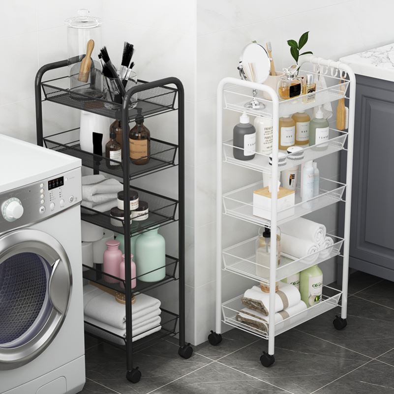 Washing machine side shelf put laundry detergent, washing powder, shampoo, shower gel, balcony powder room next to the shelf