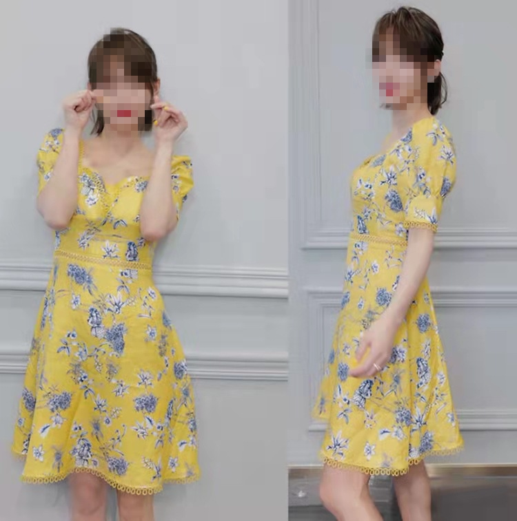 21 Xia Zhang Jiani star same style French retro floral square collar puff sleeve mid-length floral waist dress