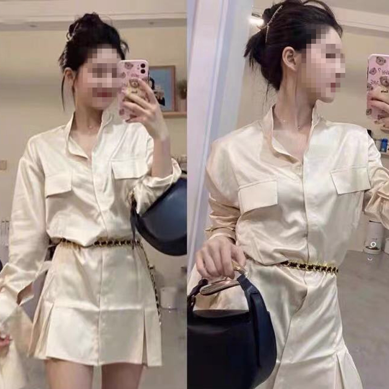 Zhao Lusi star same style 22 early spring little red book real silk satin long-sleeved loose design sense shirt dress female