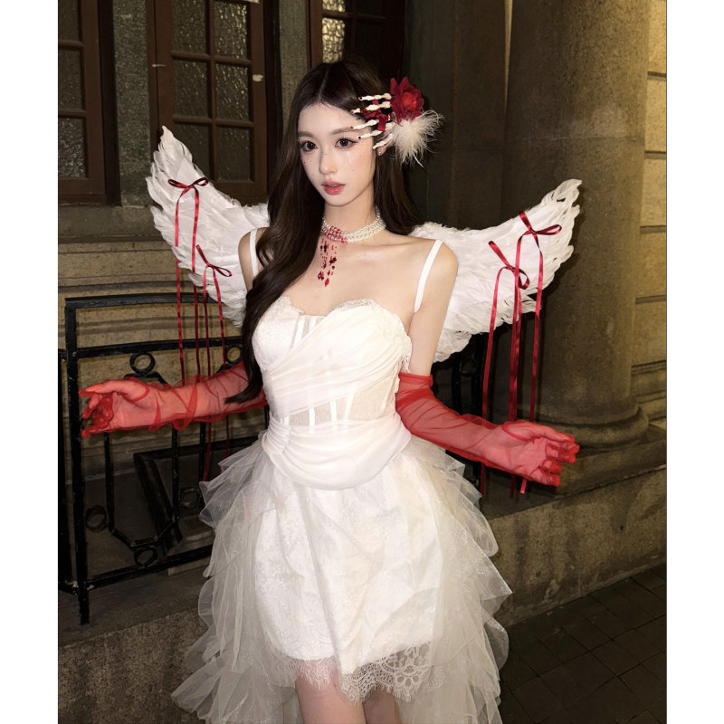 Halloween Outfit White Dress Women's Heavy-Duty Fishbone Formal Dress Mesh Splicing Trailing Long Dress Birthday Dress Halloween Outfit White Dress Women's Heavy-Duty Fishbone Formal Dress Mesh Splicing Trailing Long Dress Birthday Dress