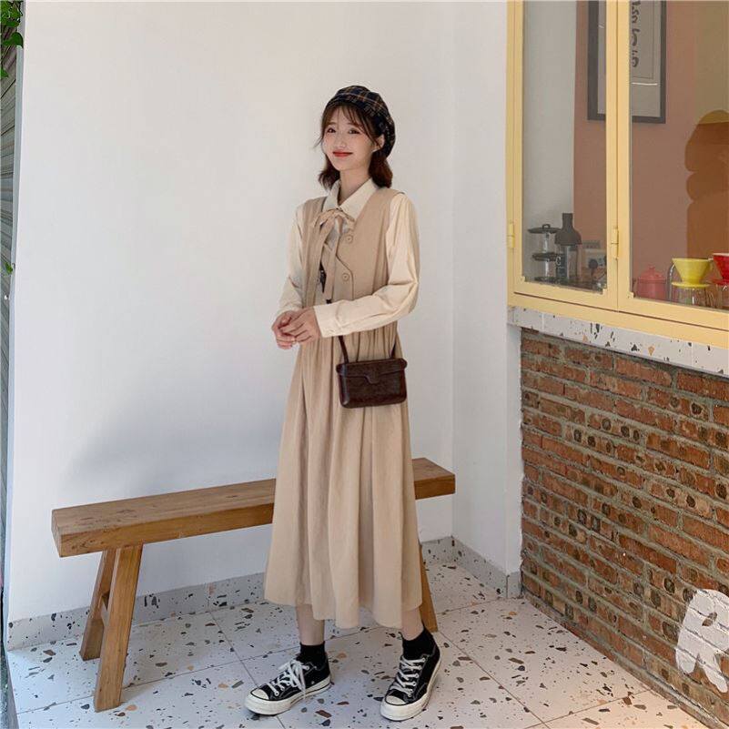 Girlfriends female student Korean version loose Harajuku style college style pleated vest double breasted mid-length dress suit
