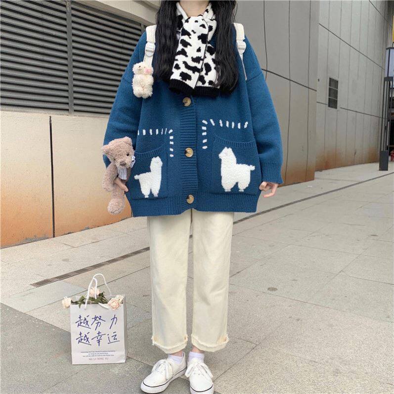 Japanese retro sweater coat woman wears 2021 new Han edition lazy wind loose knitting sweater outside the autumn winter
