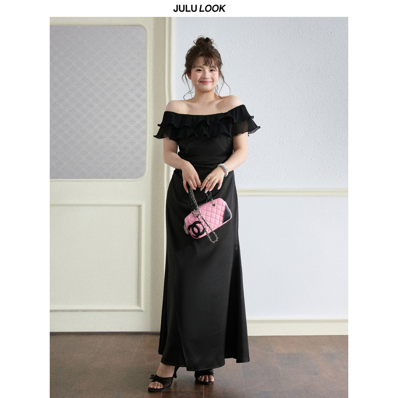 Julu Studio's "Moon's Lamentation" Slightly Plus-Size Lace Off-Shoulder Satin Fishtail Long Dress Plus-Size Dress