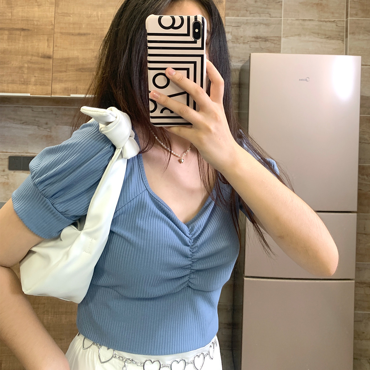 European and American style slim short top Julu studio fat mm square neck short thin top tight-fitting navel sexy