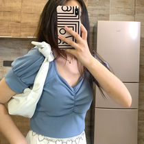 European and American style slim short top Julu studio fat mm square collar short slim top tight-fitting navel exposed sexy