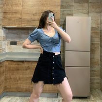 Julu Studio slightly fat custom summer breasted high-waist denim thin A-type retro irregular skirt
