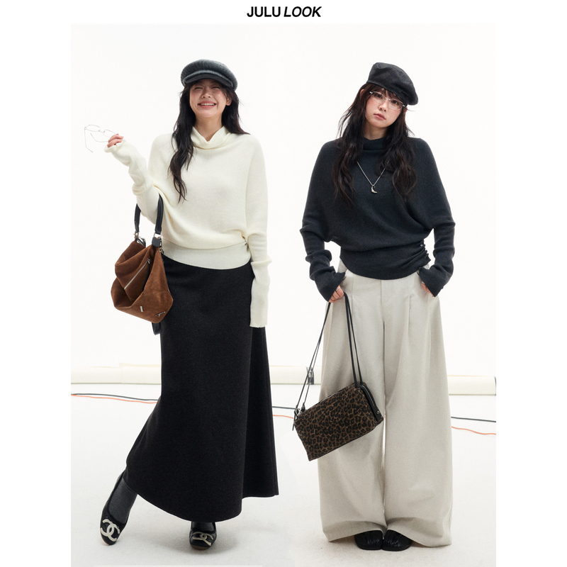 Julu Studio's "Urban Island" Slightly Plus-Size Women's Stacked Collar Batwing Long-Sleeve Waist-Cinching Sweater, Large Size Knitwear
