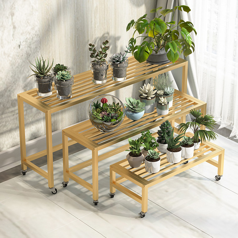 Iron flower stand with wheel room built-in rack balcony simple living room light luxury golden ge floor three-layer long succulent rack