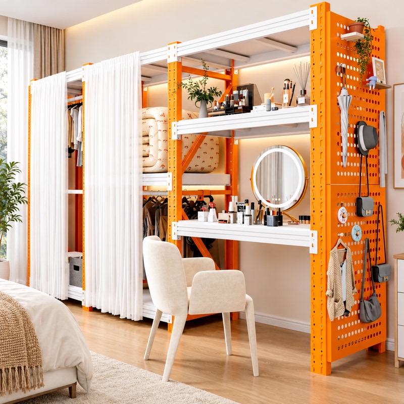 Two-To-Three Shelf Wardrobe, Household Thickened Metal Wardrobe, Dormitory Simple Open-Style Storage and Hanging Clothes Rack