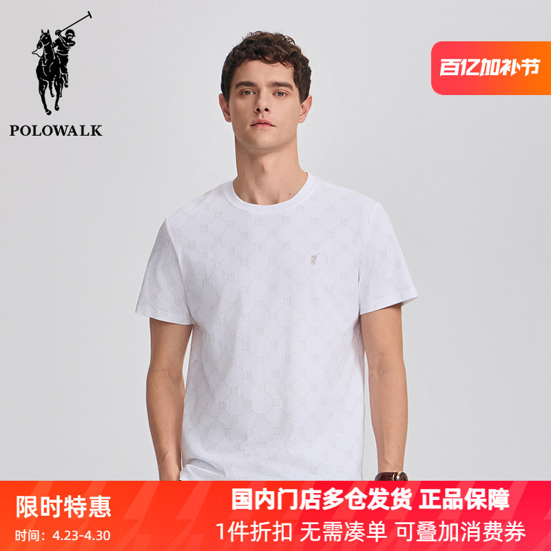 Polowalk Fashionable Monogram All-Over Print Short-Sleeve T-Shirt 2025 Summer Men's Classic Embroidered Crew Neck Half-Sleeve