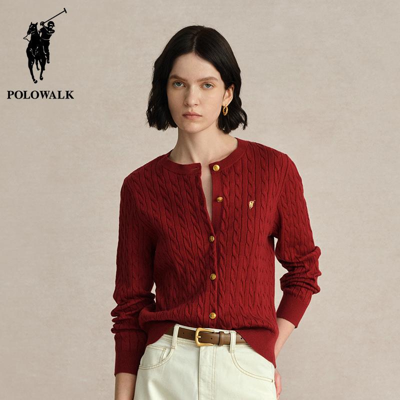 Polowalk Women's Retro Red Old Money Style Round Neck Knitted Cardigan Spring and Autumn New Polo Twist Sweater Trend