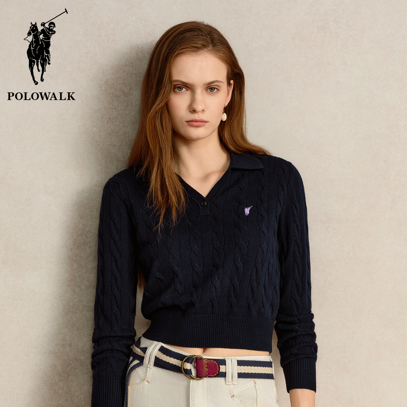 Polowalk Classic Cable Knit Polo Collar Long-Sleeve Sweater for Women, New Spring and Autumn Style, Regular Shoulder Polo Collar Top, Trendy Polowalk Classic Cable Knit Polo Collar Long-Sleeve Sweater for Women, New Spring and Autumn Style, Regular Shoulder Polo Collar Top, Trendy