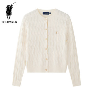 Polowalk Women's Twist-Knit Round-Neck Cardigan, New Spring and Autumn Style, Plain Color Cable Knit Sweater Jacket