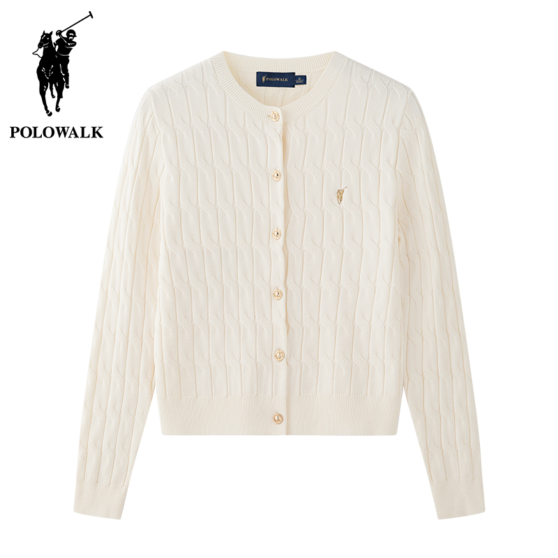 Polowalk Women's Twist-Knit Round-Neck Cardigan, New Spring and Autumn Style, Plain Color Cable Knit Sweater Jacket