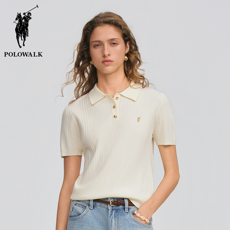 Polowalk Vertical Stripe Lapel Short-Sleeved Knitwear for Women Spring and Summer New Style Simple Embroidered Pure Color Polo Collar Knitwear