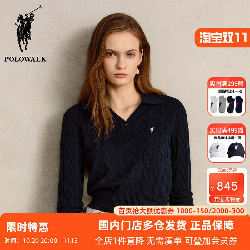 Polowalk Classic Cable Knit Long-Sleeve Sweater for Women, Paul Spring and Autumn New Style Regular Shoulder Polo Collar Top Trendy Polowalk Classic Cable Knit Long-Sleeve Sweater for Women, Paul Spring and Autumn New Style Regular Shoulder Polo Collar Top Trendy