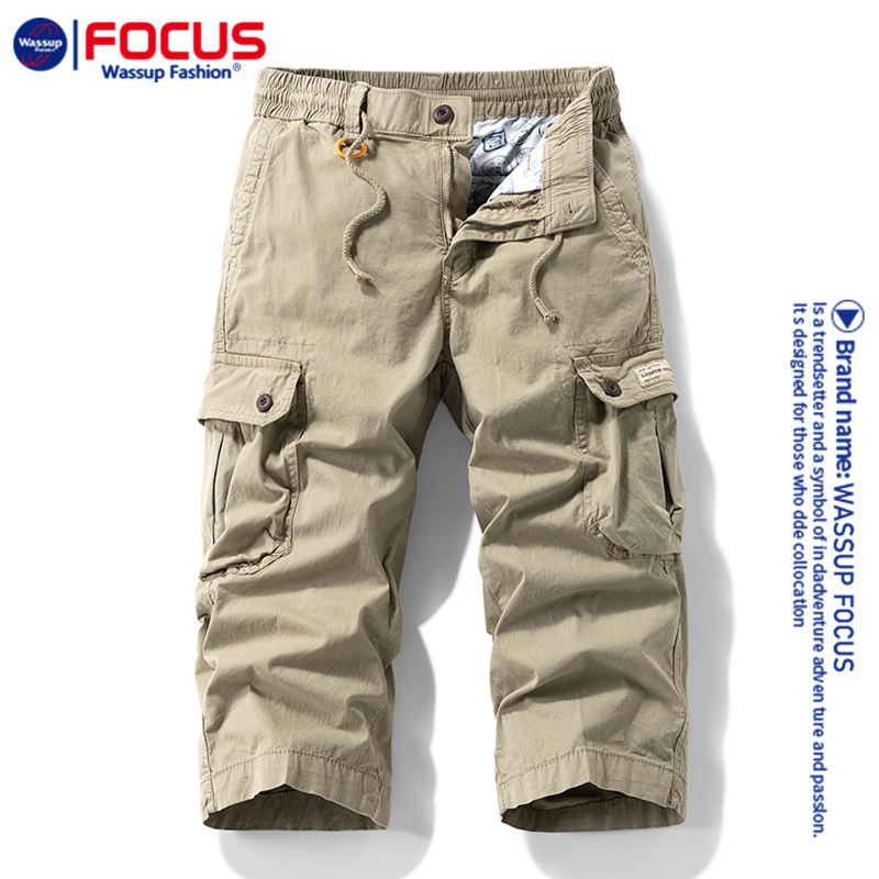 Wassup Focus Retro Cargo Pants for Men, Summer Multi-Pocket Cropped Pants, Loose Thin Style, 97% Cotton, 8-Point Casual Pants Wassup Focus Retro Cargo Pants for Men, Summer Multi-Pocket Cropped Pants, Loose Thin Style, 97% Cotton, 8-Point Casual Pants
