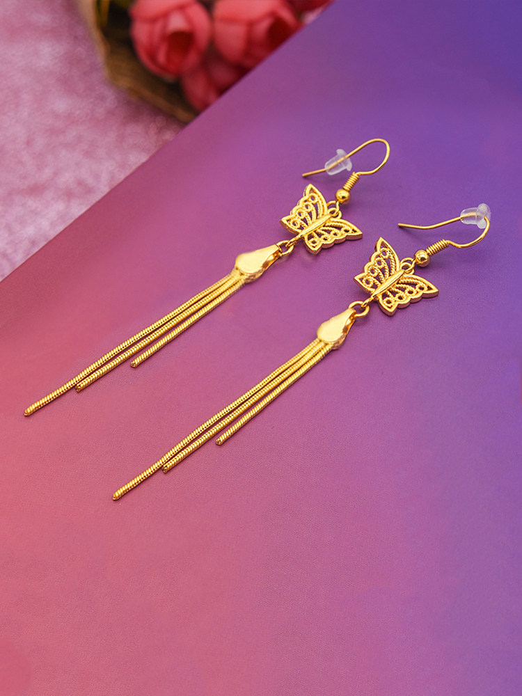 Zhou Dafu Huanmei 2021 new ear hook earrings female temperament long version net red plum flow Susak gold ear pendant imitation yellow