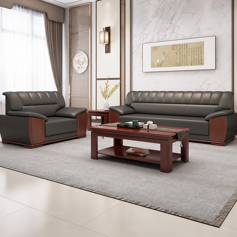Office sofa Genuine Leather Modern Chinese Hotel Lobby Villa Reception VIP Business Talks Sofa Tea Table Combinations