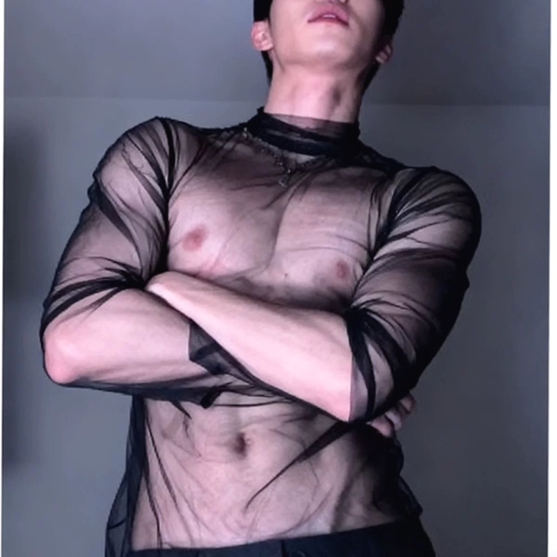Abstinence-Style Mesh See-Through T-Shirt for Men, Nightclub Outfit, Lace Transparent Long-Sleeve Sexy Muscle-Showing Fishnet Cover-Up Trendy Top Abstinence-Style Mesh See-Through T-Shirt for Men, Nightclub Outfit, Lace Transparent Long-Sleeve Sexy Muscle-Showing Fishnet Cover-Up Trendy Top